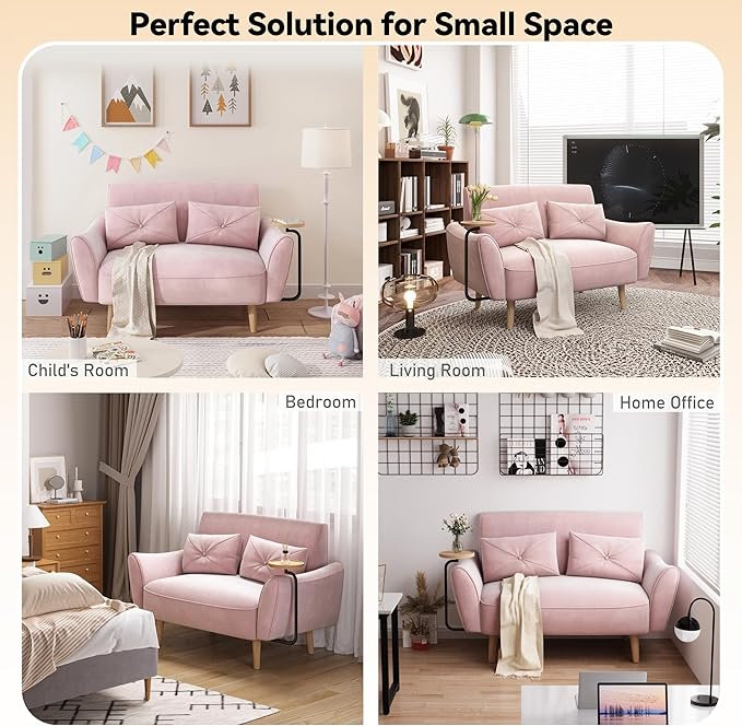Brelice Loveseat Sofa 47 Velvet Couch for Bedroom Convertible Wooden Tray &amp Ergonomic Armrest for Small Space Apartment Living Room Home Office Easy Assembly Pink