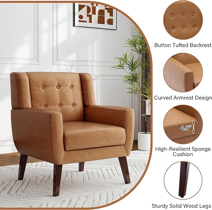 Accent Chairs Set of 2 Modern Faux Leather Armchairs for Living Room Comfy Upholstered Arm Chairs Tufted for Indoor Bedroom Office Room (P Brown)