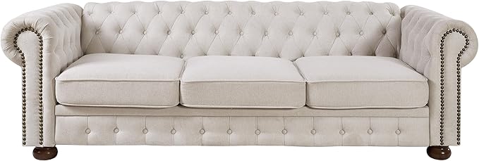 ERYE 88-Inch Classic 3 Seat Chesterfield Sofa Couches for Living Room Bedroom Classic Button Tufted Linen Fabric Upholstered Chesterfield Sofa CouchWood Legs