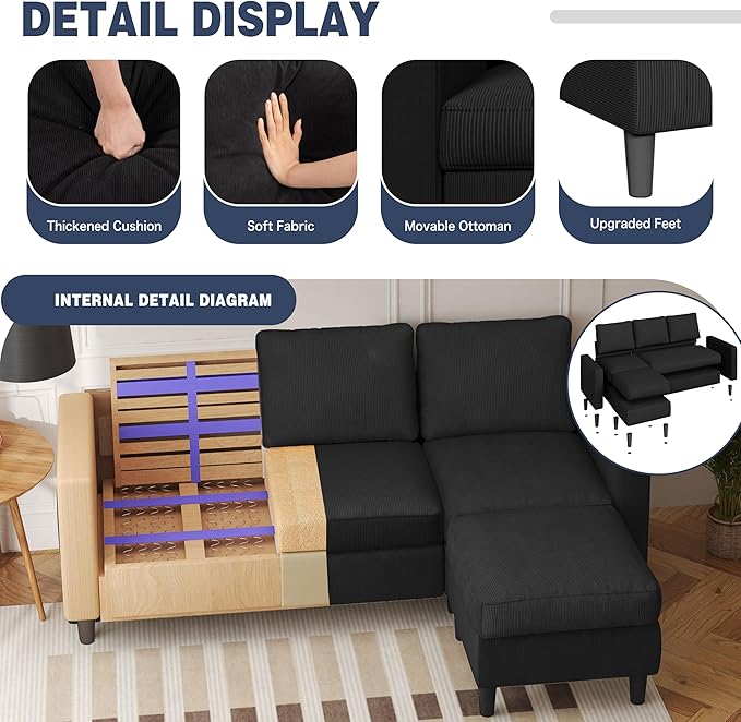 Shintenchi Convertible Sectional Sofa CouchL-Shaped Modular Sofas with Reversible Ottoman3-Seat Upholstered Corduroy Sofa CouchSmall Couches for ApartmentLiving Room and Office(Black)