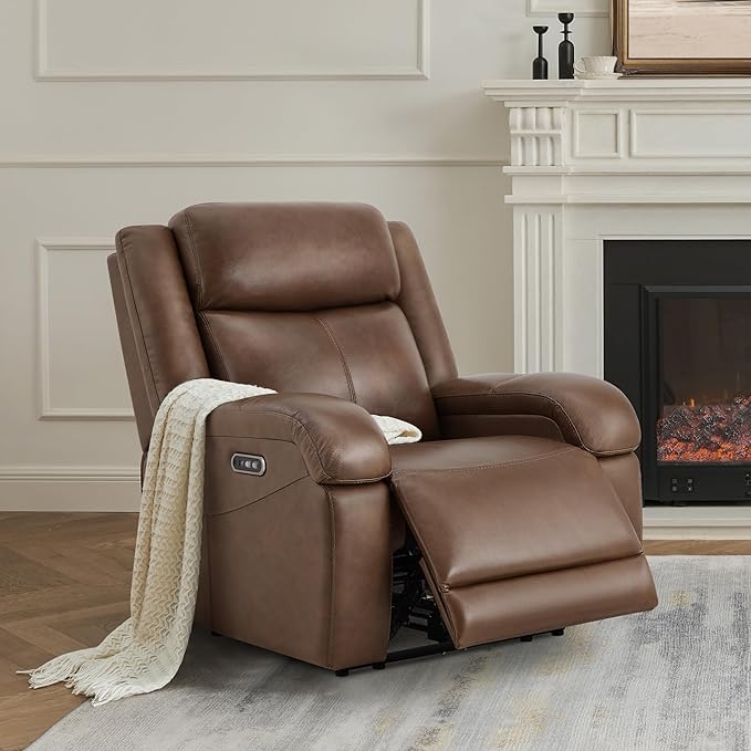 Watson &amp Whitely Genuine Leather Power Recliner Chairs for Adults Wall Hugger RV Recliner with Power Headrest &amp Charging Ports Electric Recliner Sofa Chair for Living Room Cafe