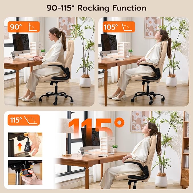 Office Desk Chair Ergonomic Computer Chair with Padded Flip-Up Arms and Adjustable Lumbar Support PU Leather Executive Chair with Tilt Lock and 360° Swivel Rolling Wheels for Work Study