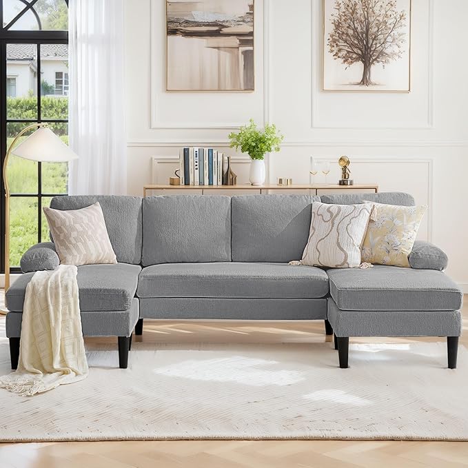 101 U-Shape Sectional Couch for Living Room 4 Seat Sofa with Removable Pillows Modern Chenille Fabric Sets with Double Chaise Lounges for Apartment&ampSmall Space Pewter