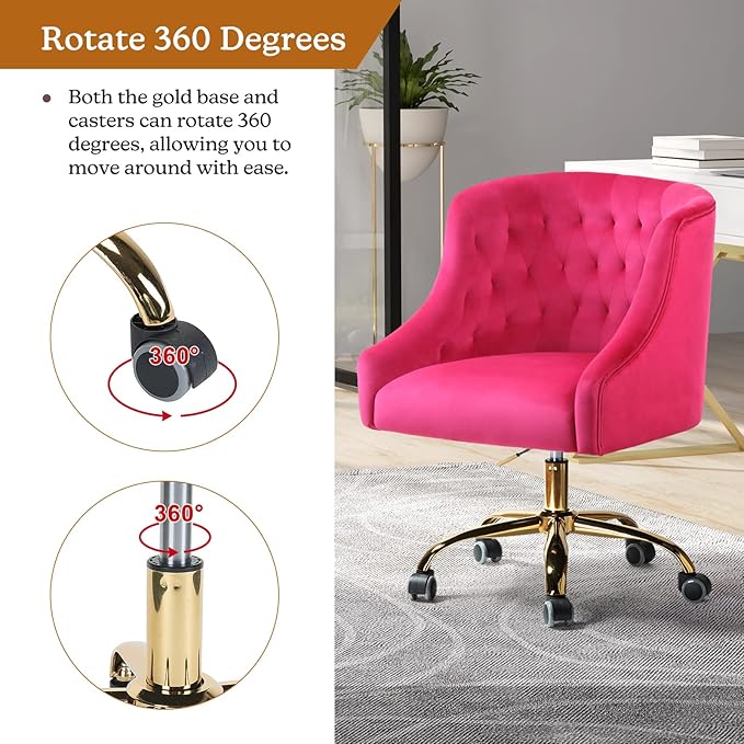 Velvet Home Office Chair with Gold Base Comfortable Modern Cute Desk Chair Adjustable Swivel Task Chair for Living Room Bedroom Vanity Study Fushia