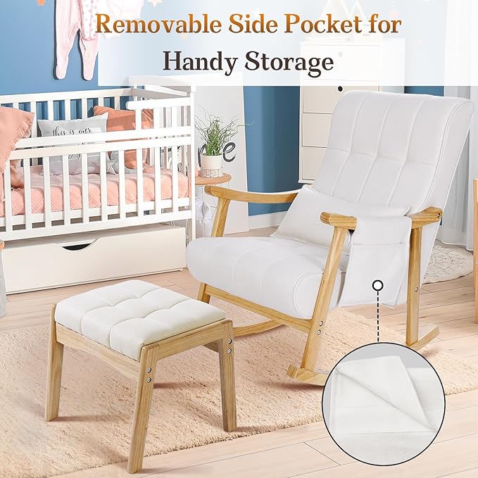 NOBLEMOOD Upholstered Rocking Chair with Ottoman Modern Indoor Nursery Glider Rocker Chair Solid Wood High Back Armchair with Fabric Padded Seat for Living Room Bedroom