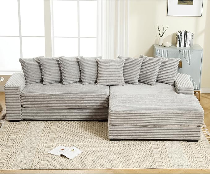 L-Shaped Cloud Sectional Couch Right Facing Modular Compressed Boneless Sectional Sofa with Chaise Lounge Plush Corduroy Boneless Corner Sofa for Living Room