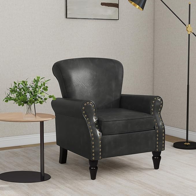 Accent Chair Mid Century Modern Faux Leather Arm Chair with Wood Leg for Living Room Bedroom Comfy PU Leather Club Reading Chairs with Wingback &amp Nailhead Trim (Leather Black Set of 1)