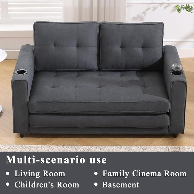 55 Loveseat Sofa Bed 3-in-1 Pull Out Floor Couch with Side Pockets &amp Cup Holder Floor Sofa Bed for Living Room Bedroom &amp Guest Room (Dark Gray)