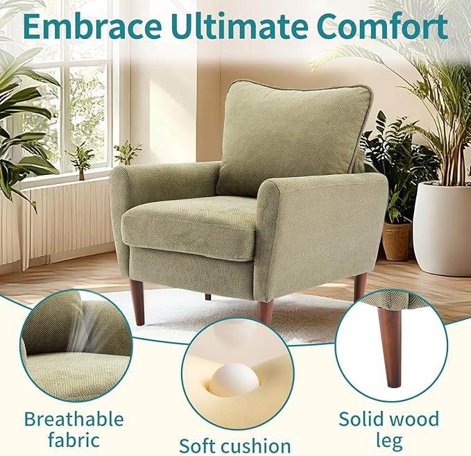 OLIXIS Comfy Accent Chair for Living Room Bedroom and Waiting Room Upholstered Mid-Century Reading Chair with Pillow and Solid Wood Legs Wide Singe Modern Lounge Sofa (Green)