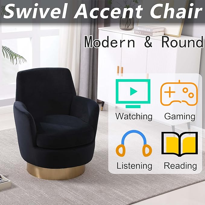 Velvet Swivel Accent Chairs for Living RoomComfy Swivel Barrel Chair with Foam Cushion Round Swivel Chair &amp Boucle Swivel Chair with High Back Round Armrest Gold Base (Black)