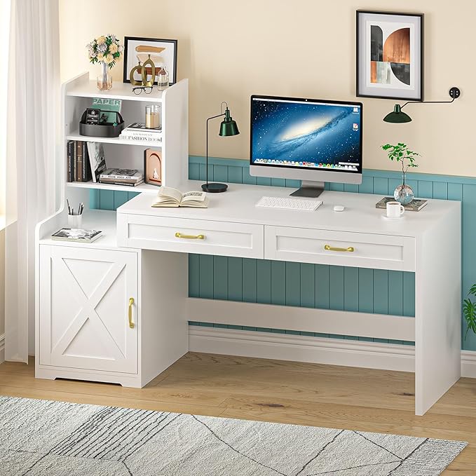 60 Computer Desk with Drawers &amp Bookshelves Home Office Desk with Storage Cabinet &amp Spacious Desktop Writing Gaming Study Table with Bookcase White