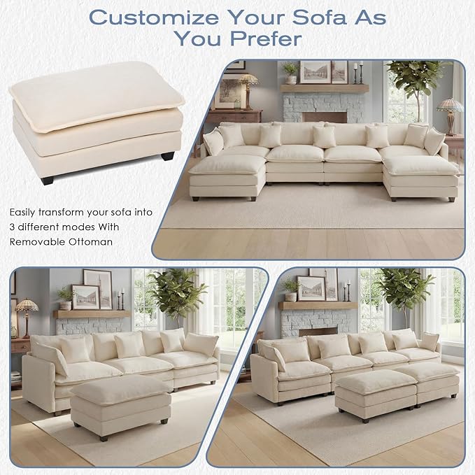 113.4 U-Shaped Modular Sectional Sofa with Ottoman Comfy Cloud Couch with Deep Seat (23.6 D) Solid Wood FrameBeige/Gray/Blue/Black for Living Room Small Apartment (Beige 3 Seat)