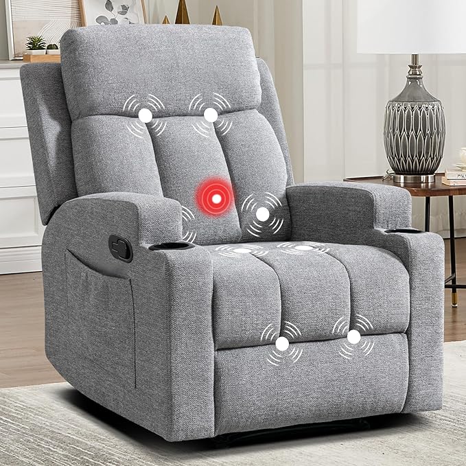 CANMOV Manual Massage Heat Recliner Chair Set of 2Soft Fabric Recliner Chair with Overstuffed Arm and Back Manual Reclining Single Sofa with 2 Cup Holders Side Pocket for Living RoomLight Grey