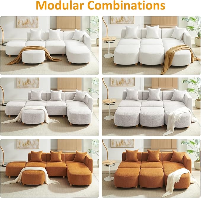 VANOMi 109.84 Modular Sectional Sofa with 3 Pillows Convertible 5-Seater Comfy Boucle Cloud Couch with Ottoman Modern Sectional Sofas for Living Room Office Apartment (Camel)