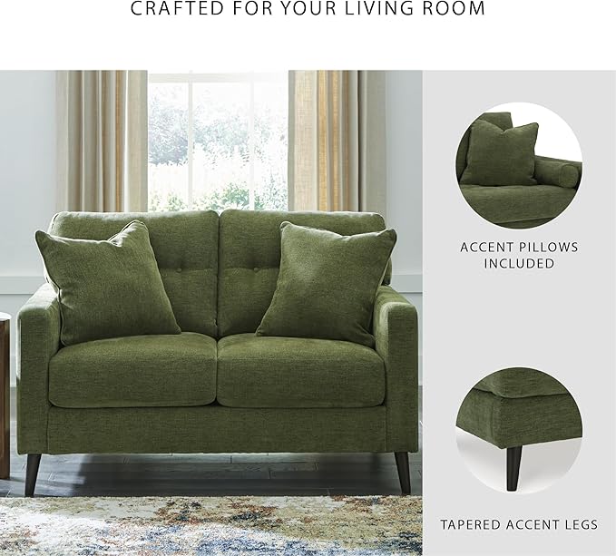 Signature Design by Ashley Bixler Mid-Century Modern Tufted Loveseat with 2 Toss Pillows Green