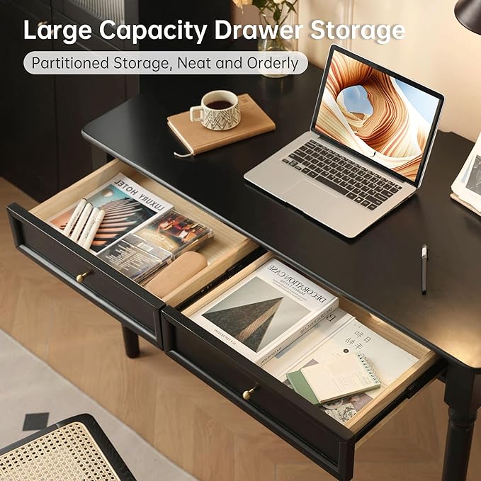 Solid Wood Computer Desk with Double Drawers Black Vintage Rubber Wood Writing Desk for Home Office 47.2
