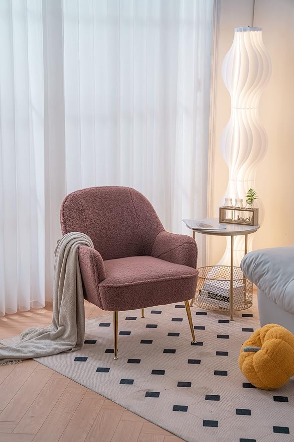 Modern Soft Teddy Fabric Red Ergonomics Accent Chair Living Room Chair Bedroom Chair Home Chair with Gold Legs and Adjustable Legs for Indoor Home