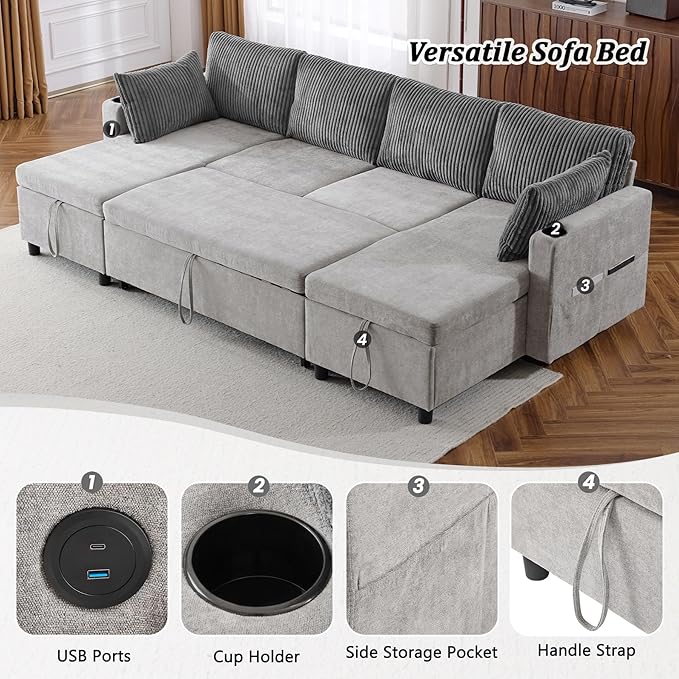 111.8 Sectional Sofa Pull-Out Sofa Bed with Double Storage Chaise Lounge Versatile Sofa Sleeper Couch with Cup Holders and USB Ports for Living Room Appartment Office (Grey-CF)