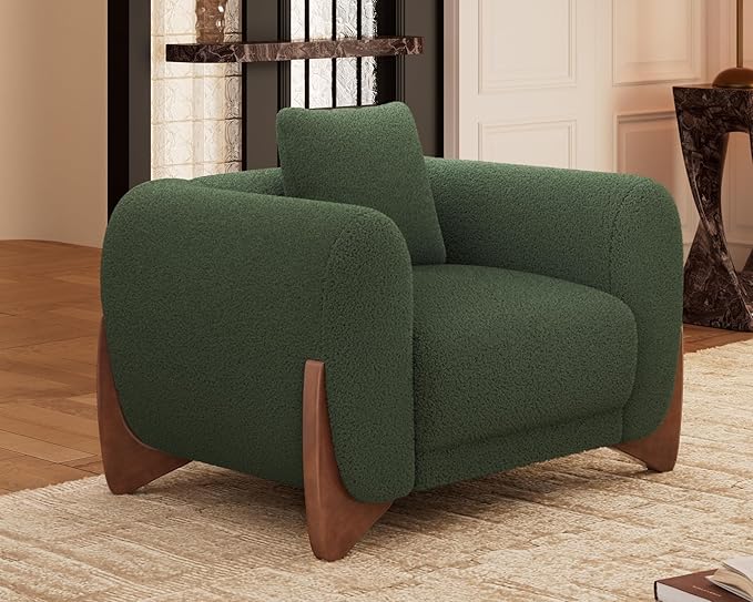 Morden Fort Sherpa Boucle Couch Armchair Single Modern Sofa Upholstered Deep Chair with Soft Throw Pillow Skin-Friendly Minimalist Accent Chair Compatible with Sofa Set Couch for Living Room Green