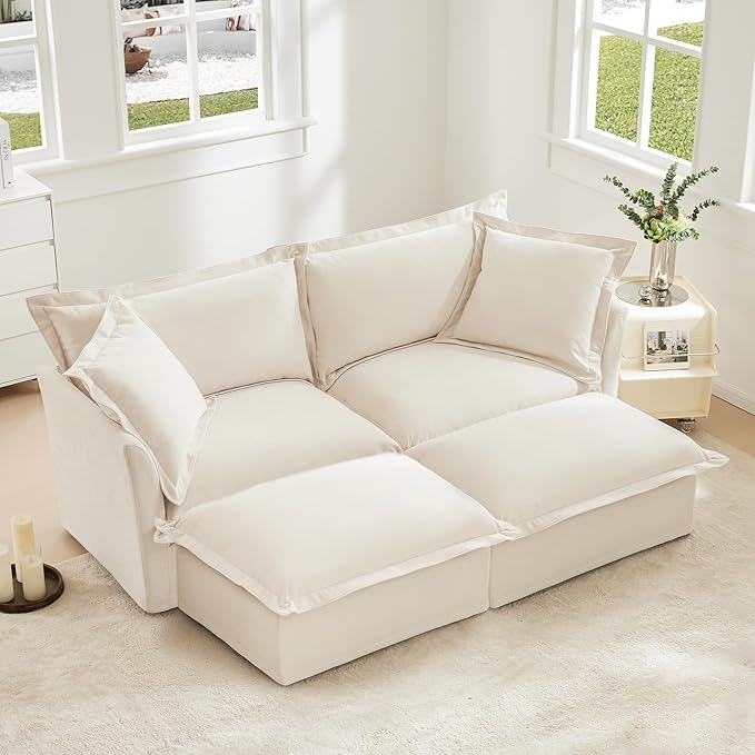 Aoowow Oversized Modular Sectional Sofa83.4”Corduroy 2-Seat Sofa Couch with 2 Movable Ottomans Upholstered Deep Seat Couches with Big Toss Pillows for Living Room Apartment OfficeCream-Chenille