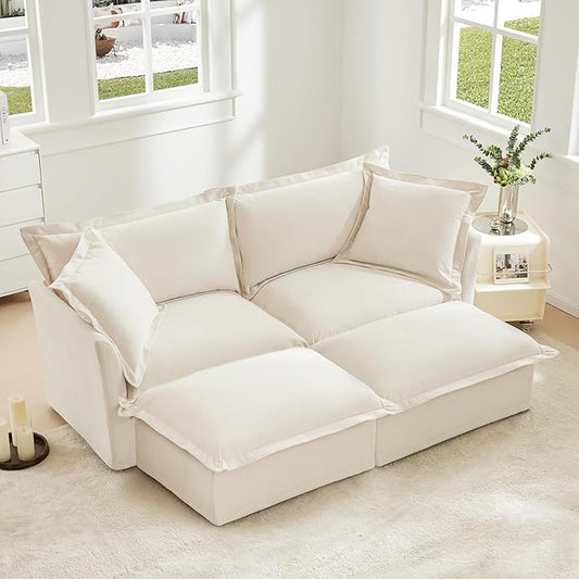 Aoowow Oversized Modular Sectional Sofa83.4”Corduroy 2-Seat Sofa Couch with 2 Movable Ottomans Upholstered Deep Seat Couches with Big Toss Pillows for Living Room Apartment OfficeCream-Chenille