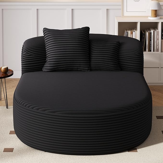 Modern Corduroy Fabric Chaise Lounge Chair Indoor Boneless Couch 51.6 Sofa Bed with Two Supportive Pillows for Living Room Office (Black/R1)