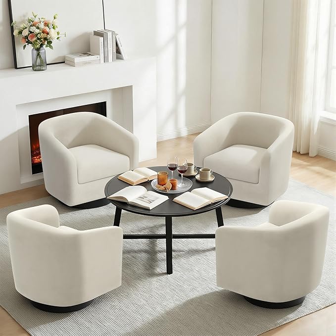 Swivel Barrel Accent Chair Modern Round Chenille Fabric Arm Chair for Living Room Bedroom Comfy Club Reading Chairs for Adults（Velvet Ivory Set of 1