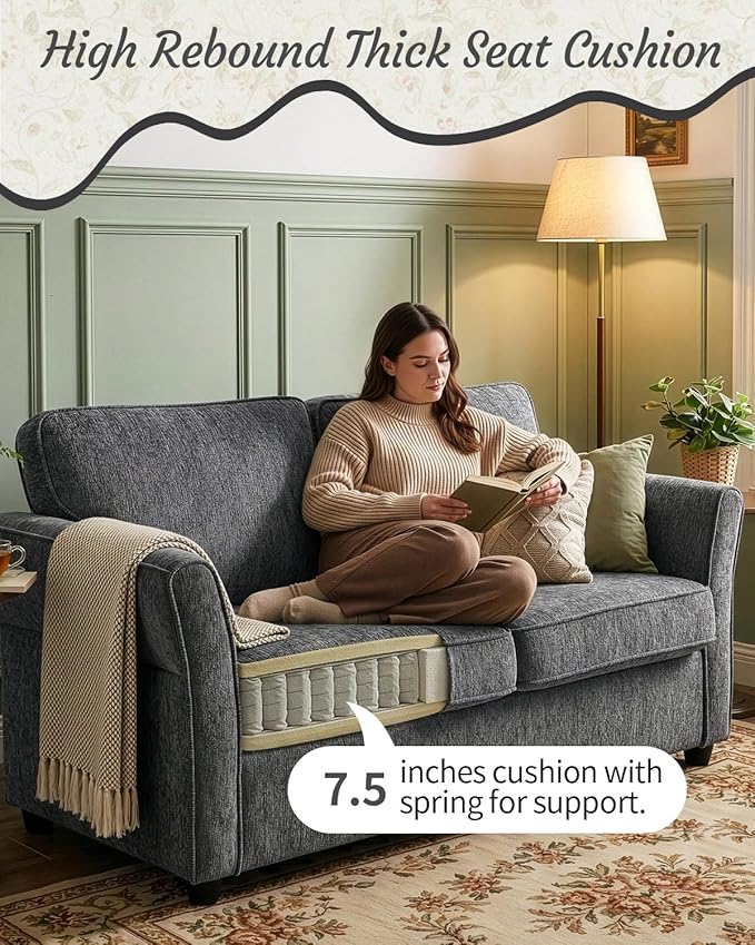 Karl home 67 Loveseat Sofa Chenille Fabric with Removable Covers Outward Arms Spring Cushion &amp Solid Wood Frame Deep Seat Couch for Small Apartment Living Room Reading Nook Bedroom Grey