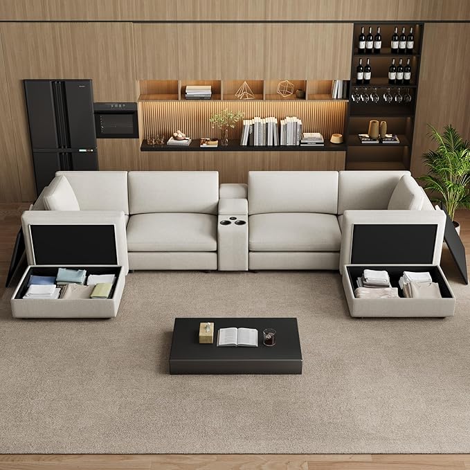 OUYESSIR 163U Shaped Cloud Couch SectionalsLarge Comfy Beige White Sectional Couches for Living RoomOversized Fluffy Modular SectionalChenille Big 6 Seat Sofa Set USB Port Central Console Ottoman
