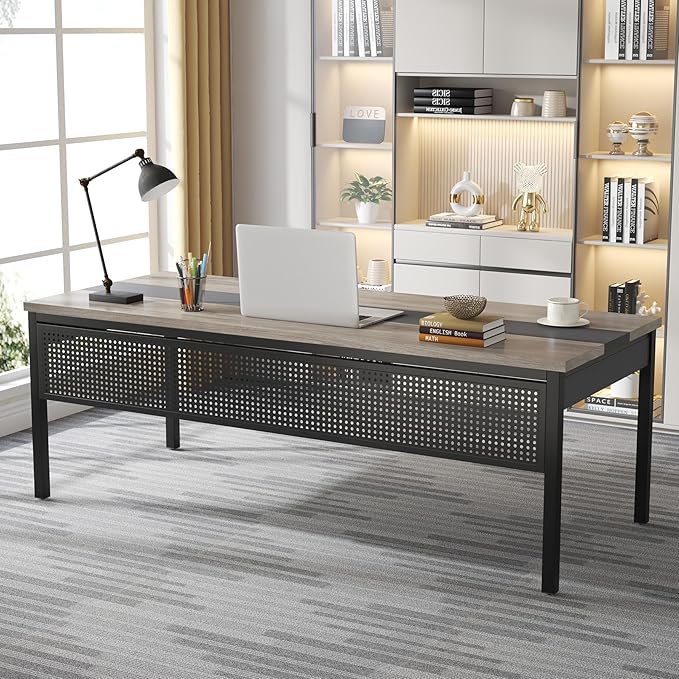 Tribesigns 71 inch Executive Desk L-Shaped Desk with Mobile File Cabinet Executive Office Table with 2 Drawers and Storage Shelves Business Furniture Workstation for Home Office Grey and Black