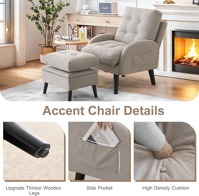 ELUCHANG Accent Chairs with Ottoman Upholstered Comfy Armchair with Adjustable Backrest&ampStorage Footrest Lazy Chair Reading Chair Leisure Sofa Recliner for Living Room Bedroom (Light Grey - Line