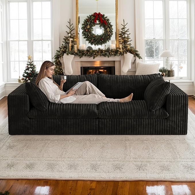 78.8 Modular Cloud Loveseat Couch Corduroy Boneless Couch with Foam &amp Removable Cushion Modern Lounge Sofa in a Box No Assembly Required Upholstered Sofa for Living Room (Black)