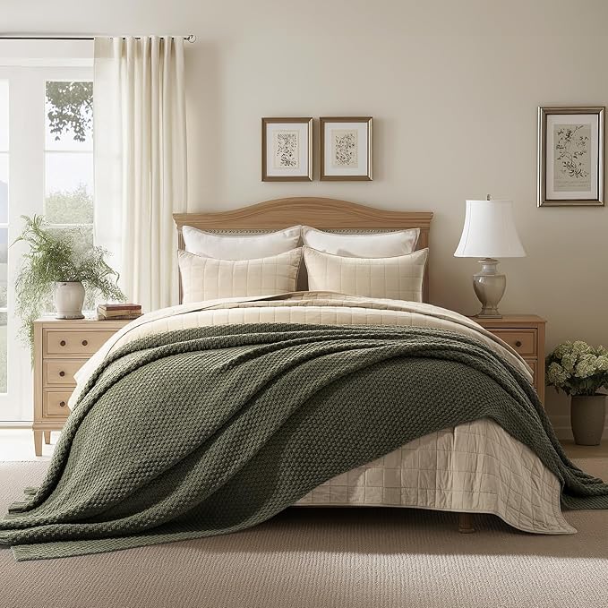 EVERGRACEHOME Chunky Chenille Knit Throw Blanket for Couch Soft Luxurious Oversized King Moss Stitch Blanket for Bed Large Cozy Farmhouse Knitted Throw for Sofa Olive Green 92 x 108