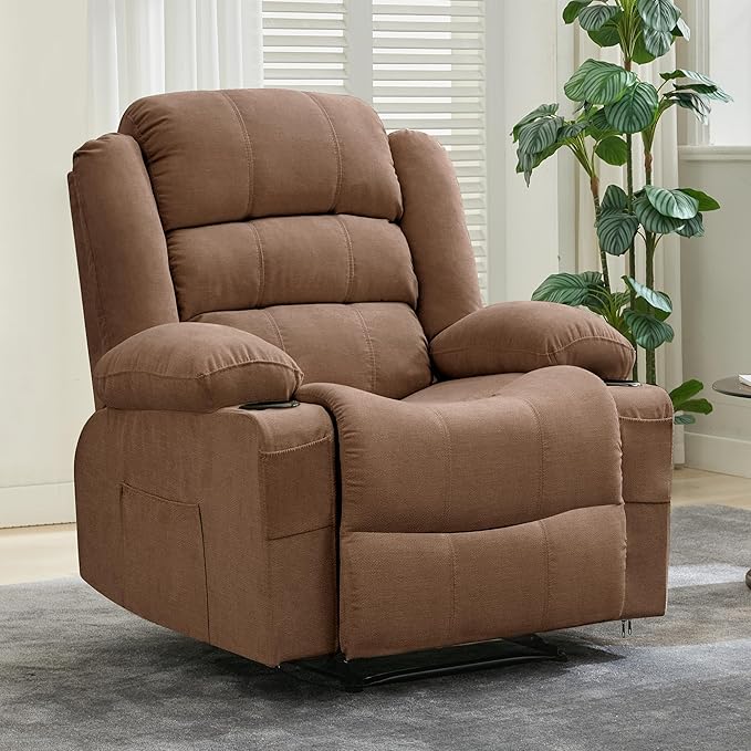 Large Recliner Chair for Adults Manual Pull Tab Reclining Chair with Cup Holders 3-Position Recliner Sofa for Living Room Overstuffed Single Sofa Chair Supports 350 Lbs