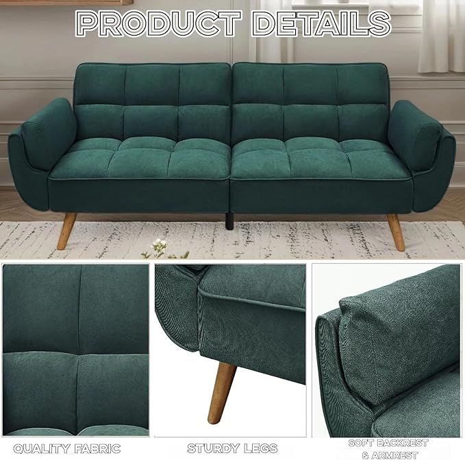 Convertible Futon Sofa Bed Modern Futon Couch with 2 Pillows Small Futons Couch with Adjustable Armrest &amp Backrest Loveseat Sofa Bed for Living Room Bedroom Green