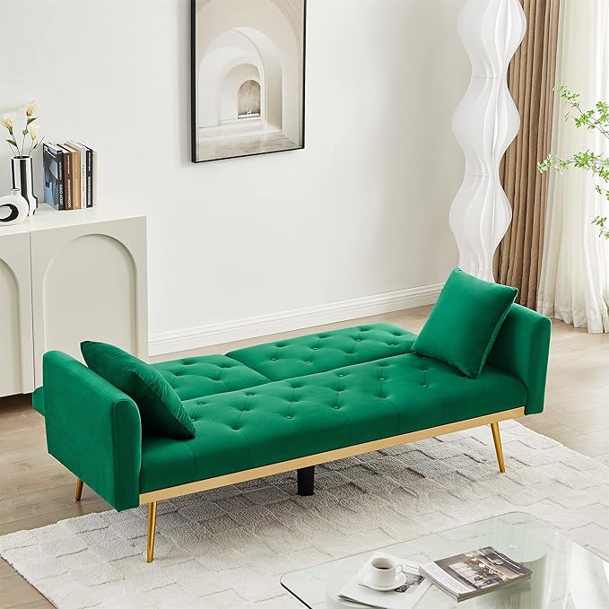 Modern Velvet 2 in 1 Futon Sofa BedConvertible Folding Sleeper Bed Couches with 2 Pillows73 Tufted Recliner Love Seat with Golden Chrome Legs for Living Room Apartment Office (Green-New Velvet)