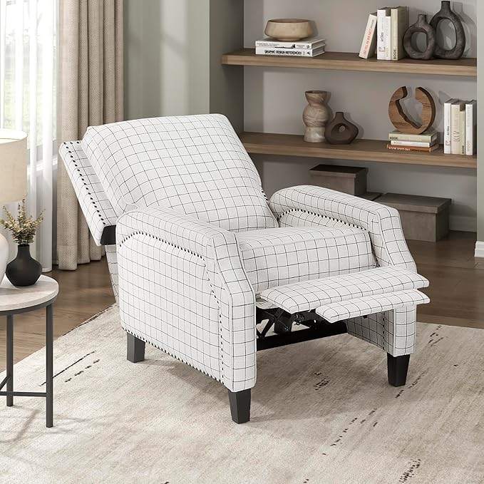 Lexicon Pushback Recliner Chair Plaid Textured Fabric Armchair Push Back Reclining Chair Nailhead Trim Solid Wood Legs Easy Assembly for Living Room/Office/Apartment Off-White