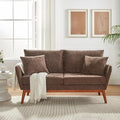 VINGLI 63.5 W Comfy Small Upholstery Love Seat Couch with Soild Rubber Wood Frame 2 Seater Mid Century Linen Fabric Loveseat Sofa Mini Couch with Two Pillows for Small Spaces Bedroom Brown