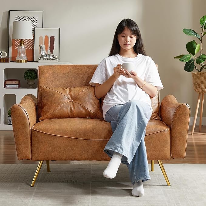 Brelice 48 Faux Leather Loveseat Sofa Modern Small Couch for Small Space with 2 Pillows 2 Seater Couch for Living Room Bedroom Office Apartment (Brown)