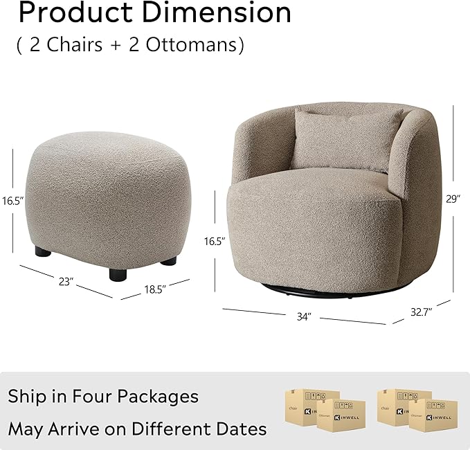KINWELL 34 Wide 2 Boucle Swivel Barrel Chairs and 2 Ottomans Set Fully Assembled Sherpa Accent Chairs and Footrest Set Modern Comfy Armchairs and Footstool for Living Room and Bedroom Taupe