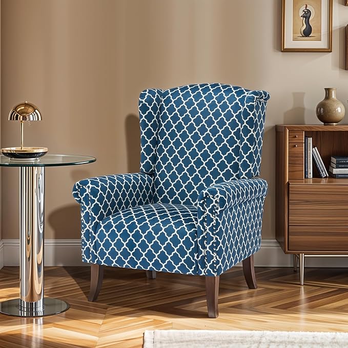 Modern Plaid Accent Chair Mid-Century Upholstered Wingback Armchair Club Sofa Chair with Wooden Legs Living Room Chair for Bedroom Balcony Lounge (Blue Check)