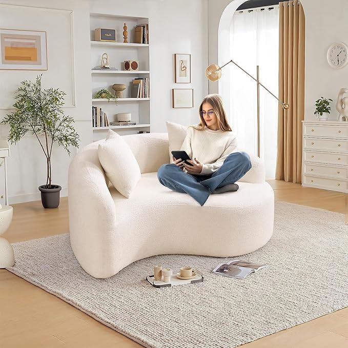 Modern Chenille S-Curved Modular Loveseat Sofa 66.9 Compression Sponge Boneless Couch No Assembly Required Cozy Upholstered Seating for Living Room Apartment Office or Meditation Space (White)