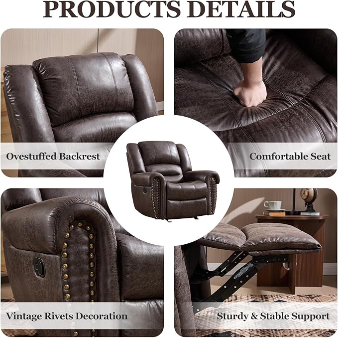 CANMOV Rocker Recliner Chair Leather Recliner Chair with Overstuffed Backrest and Armrests Manual Single Sofa for Living RoomBedroom Dark Grey