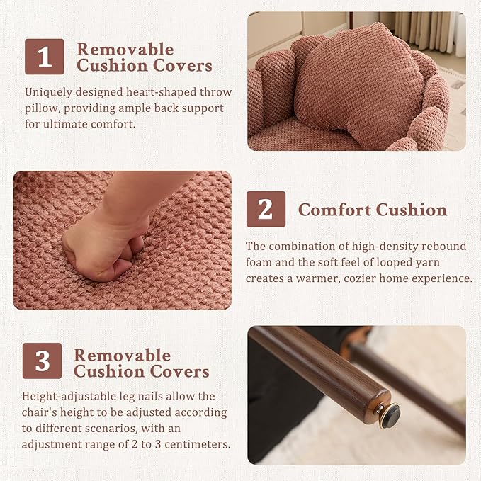 Furniliving Pink Vanity Chair Velvet Accent Chair for Living Room Shell Chairs with Wooden Legs Makeup Chair for Bedroom Armchair Cute Petal Reading Chair with Pillow