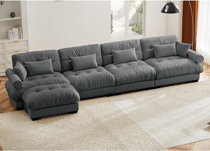 166 Modular Sectional SofaVelvet Upholstered Couches for Living Room4 Seater Grey Sofa Couch with Movable OttomanBig Comfy Cloud Couch with Deep Seats for Living RoomApartmentBedroom