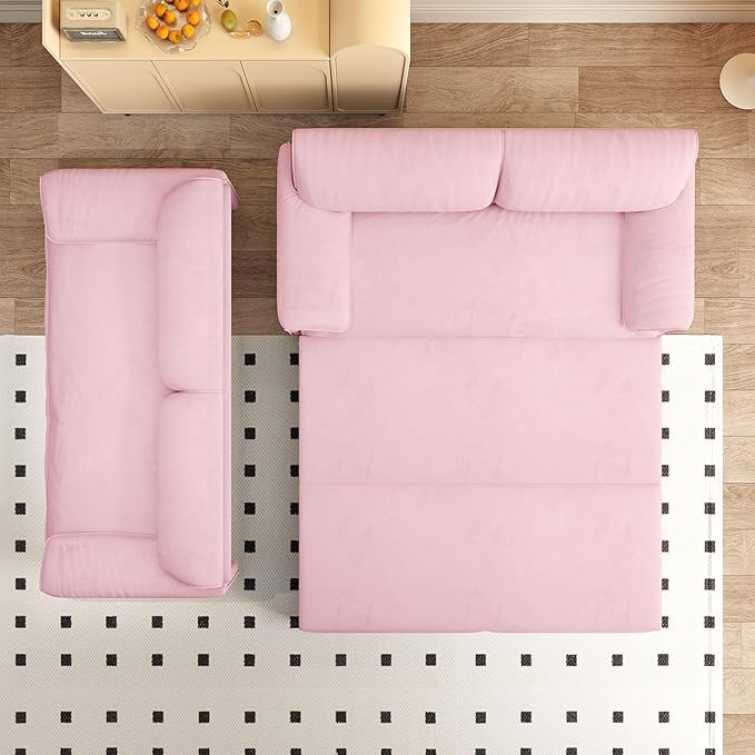 66 Queen Size Pull Out Sofa Bed 3-in-1 Convertible Sleeper with Side Storage and Wheels Velvet Loveseat for Living Room Apartment Bedroom Pink (Mattress &amp Bedding Not Included)