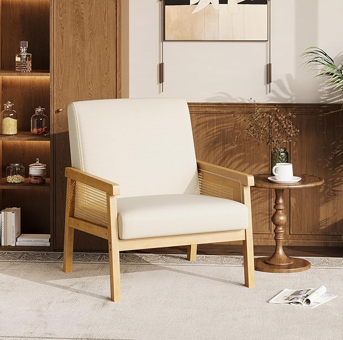 Garvee Linen Accent Chair Rattan Armchair with Wooden Frame High Back Upholstered Reading Chair Leisure Chairs for Living Room Bedroom Waiting Room Reception Beige