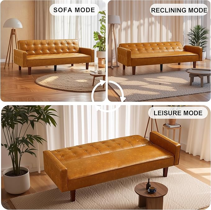 74 Modern Futon Couch Futon Sofa Bed Mid Century Sofa Bed Loveseat Couches for Small Spaces Living Room Bedroom (Faux Leather Light Brown)