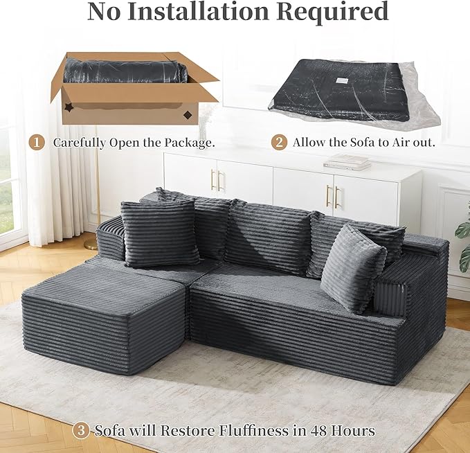 80 Cloud Modular Sectional Sofa with L-Shaped Boneless Couches for Living Room Fluffy Comfy Corduroy Deep Seat with Ottoman Bedroom Apartment No Assembly Required