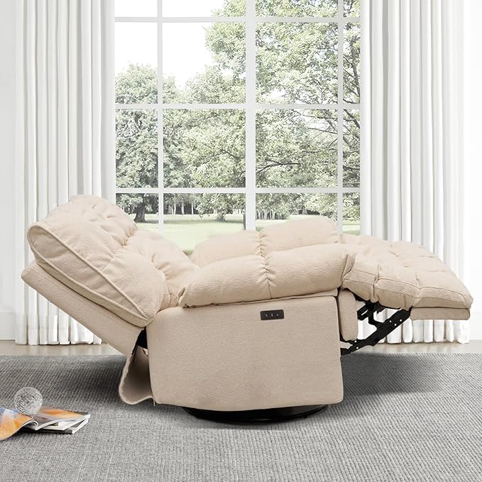 SITJOY Oversized Power Swivel Rocker Recliner Chair Overstuffed Extra Wide Rocking Chair for Big and Tall Glider Recliner Nursery Chair USB Charging Soft Breathable Fabric in Beige Power